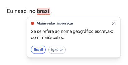 Captura do corretor a assinalar uso incorreto de maiúsculas.